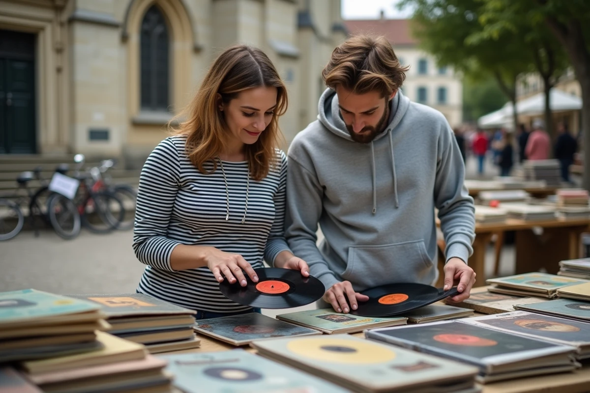 Deux amis feuilletant des vinyles et des livres anciens sur un marché brocante dominical en Yvelines