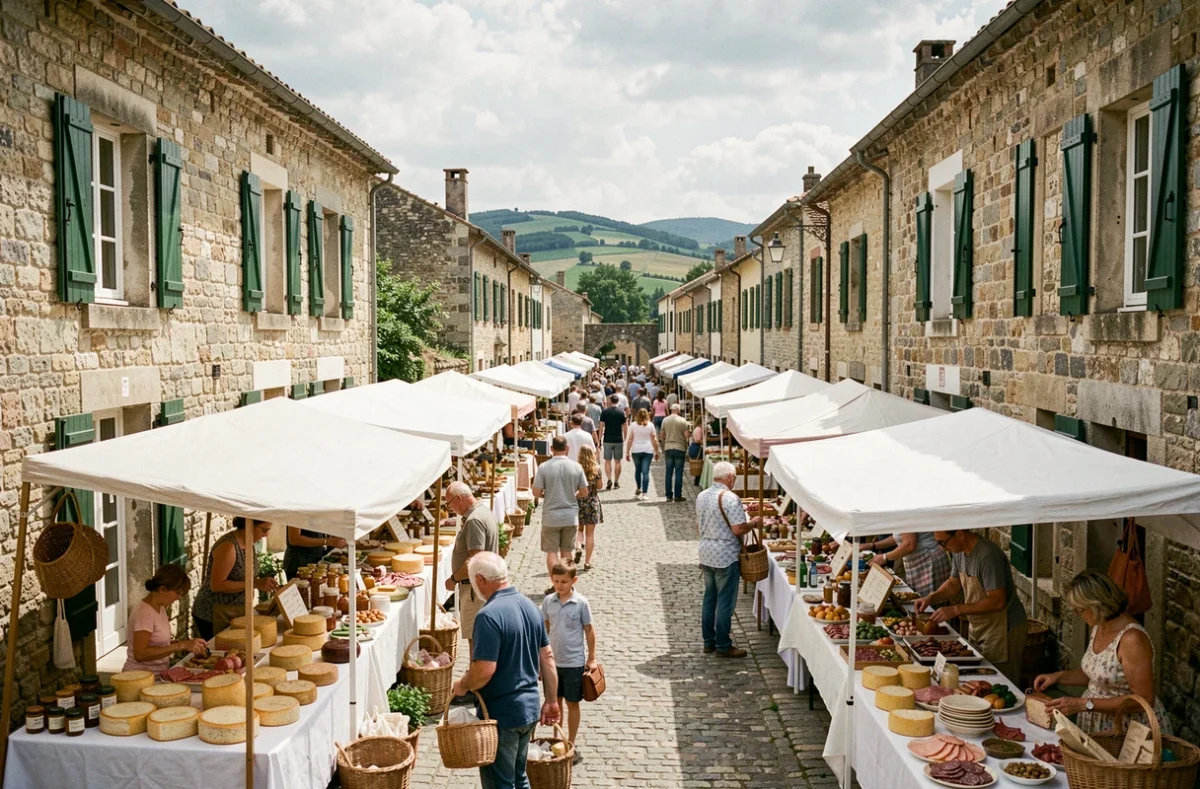 Marché de village et festival artisanal dans une ruelle médiévale de l'Aveyron