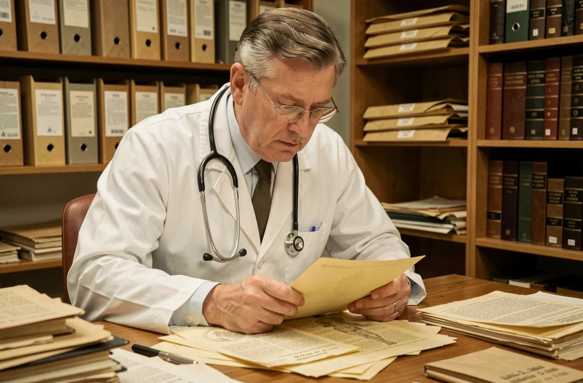 Médecin examinant des documents médicaux historiques liés au diagnostic du Shah d'Iran