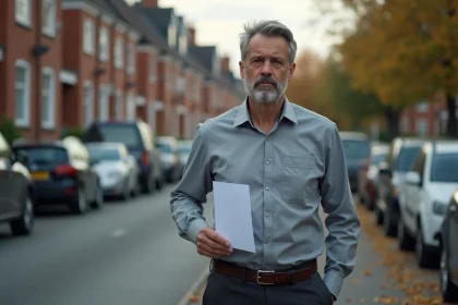 Homme tenant un document juridique dans une rue résidentielle, illustrant la problématique d'une mesure d'éloignement judiciaire