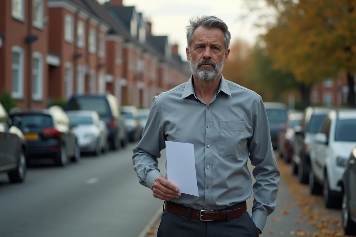Homme tenant un document juridique dans une rue résidentielle, illustrant la problématique d'une mesure d'éloignement judiciaire