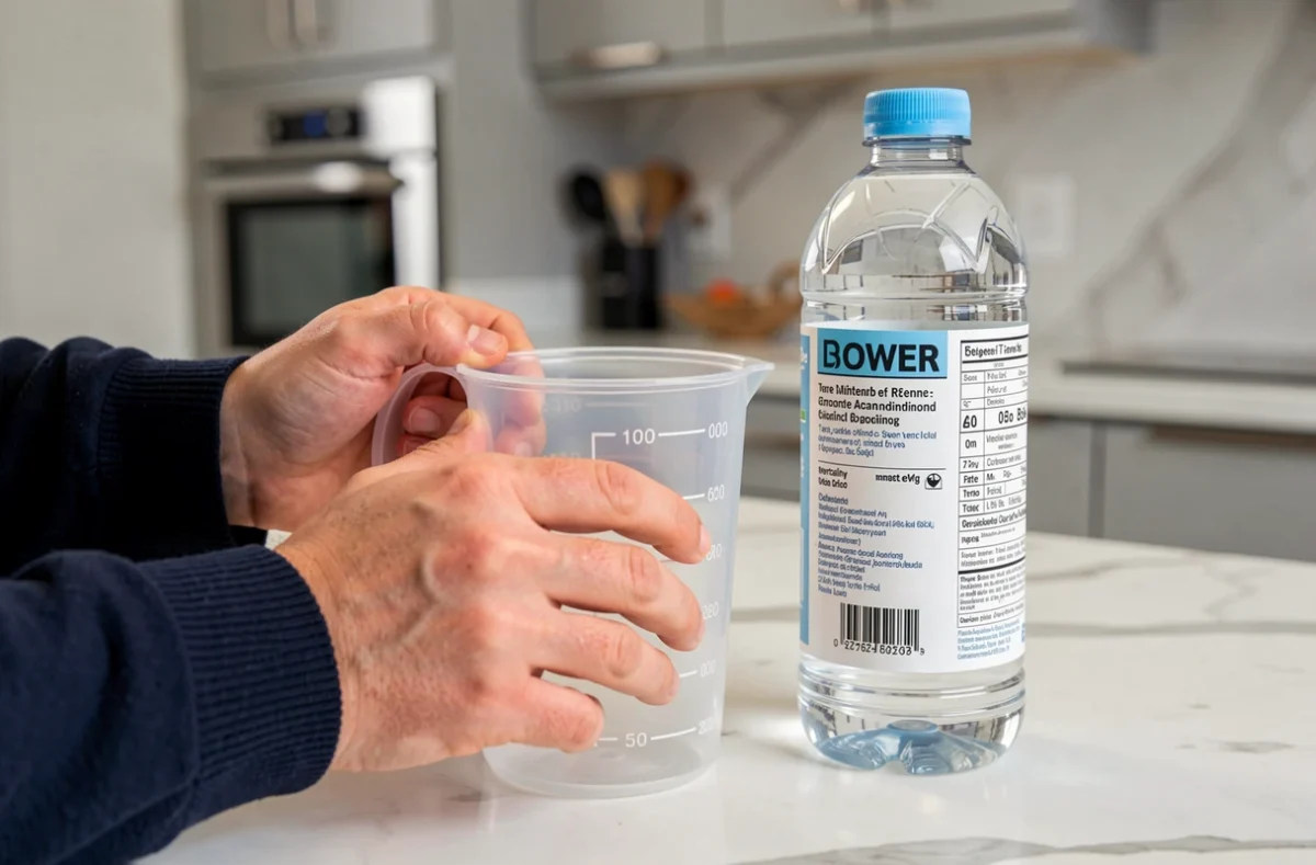 Gros plan de mains tenant un verre doseur et une bouteille d'un litre pour comparer les unités de volume ml et litre