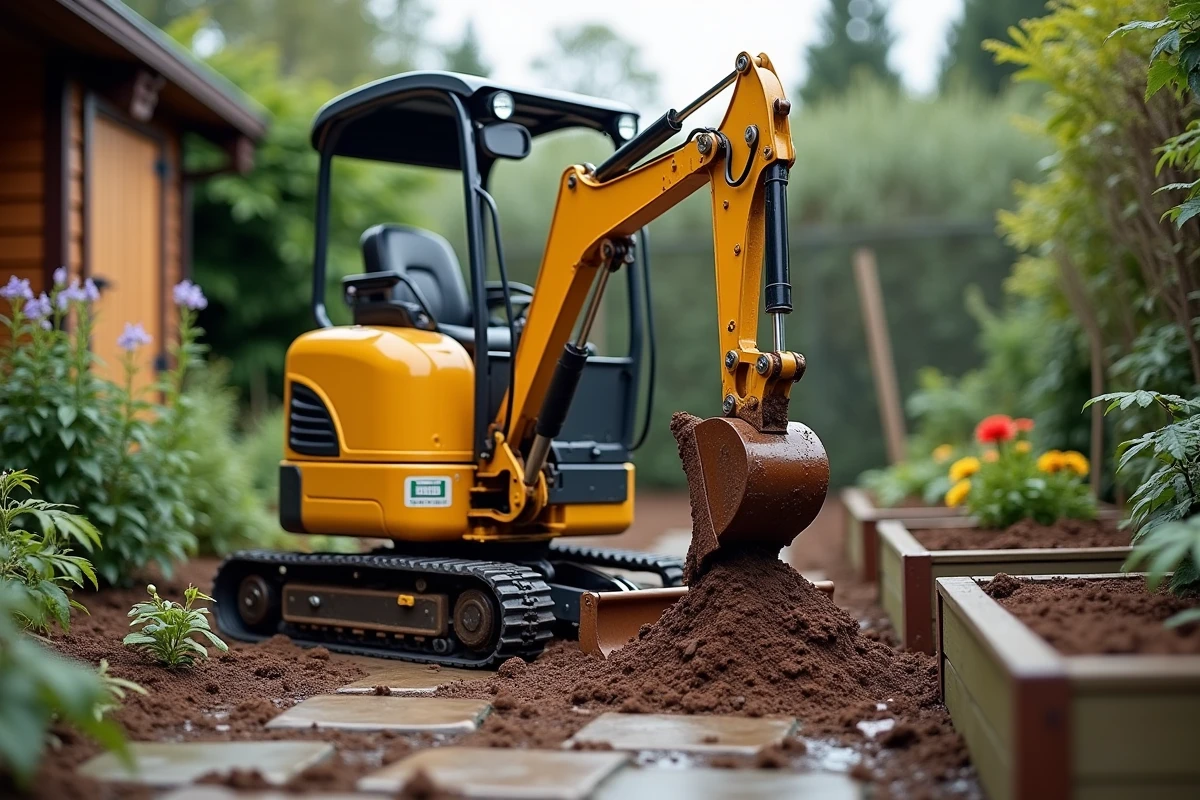 Mini pelle jaune en train de creuser dans un jardin privé avec sol argileux et environnement résidentiel