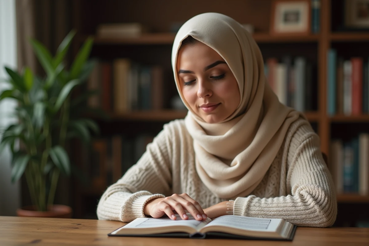 Femme musulmane lisant le Quran Surat Al Mulk
