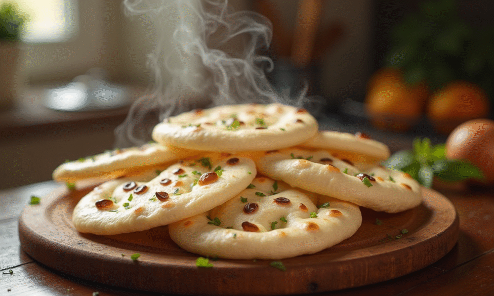 Naans frais cuits sur une planche en bois avec herbes