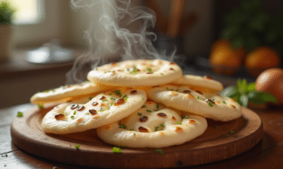 Naans frais cuits sur une planche en bois avec herbes