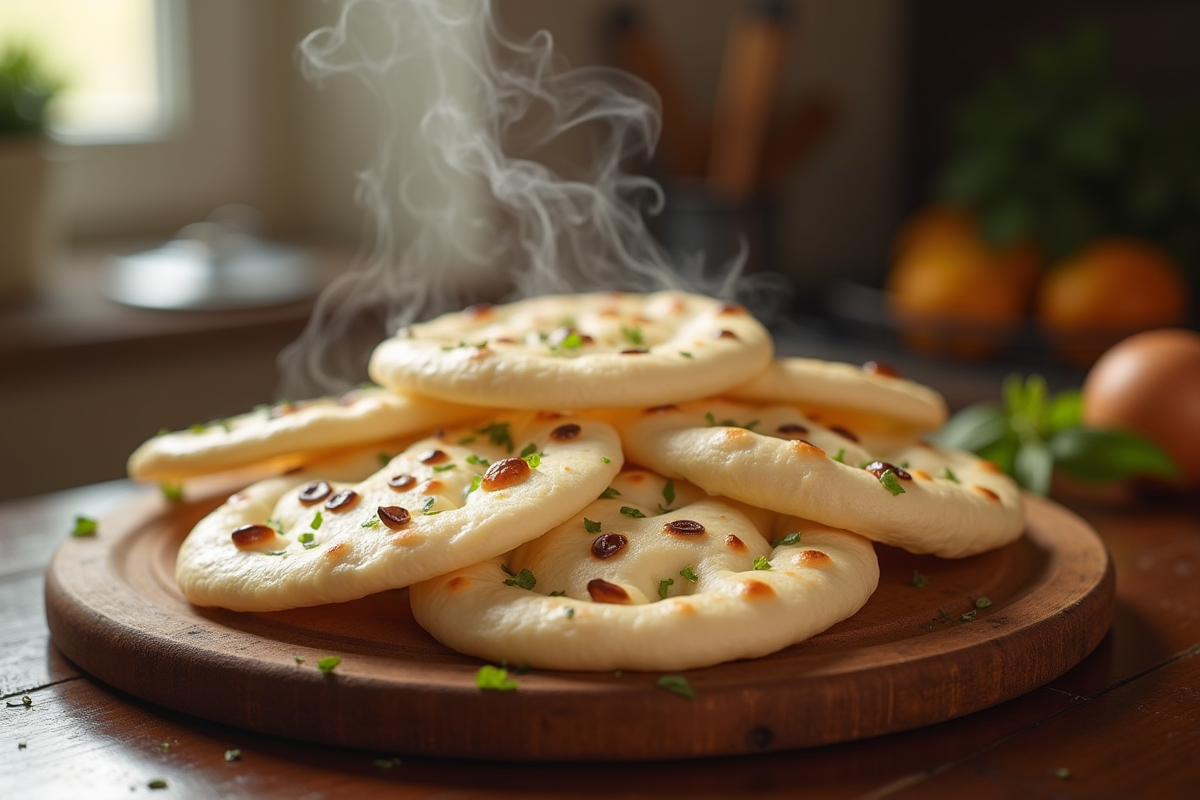 Naans frais cuits sur une planche en bois avec herbes