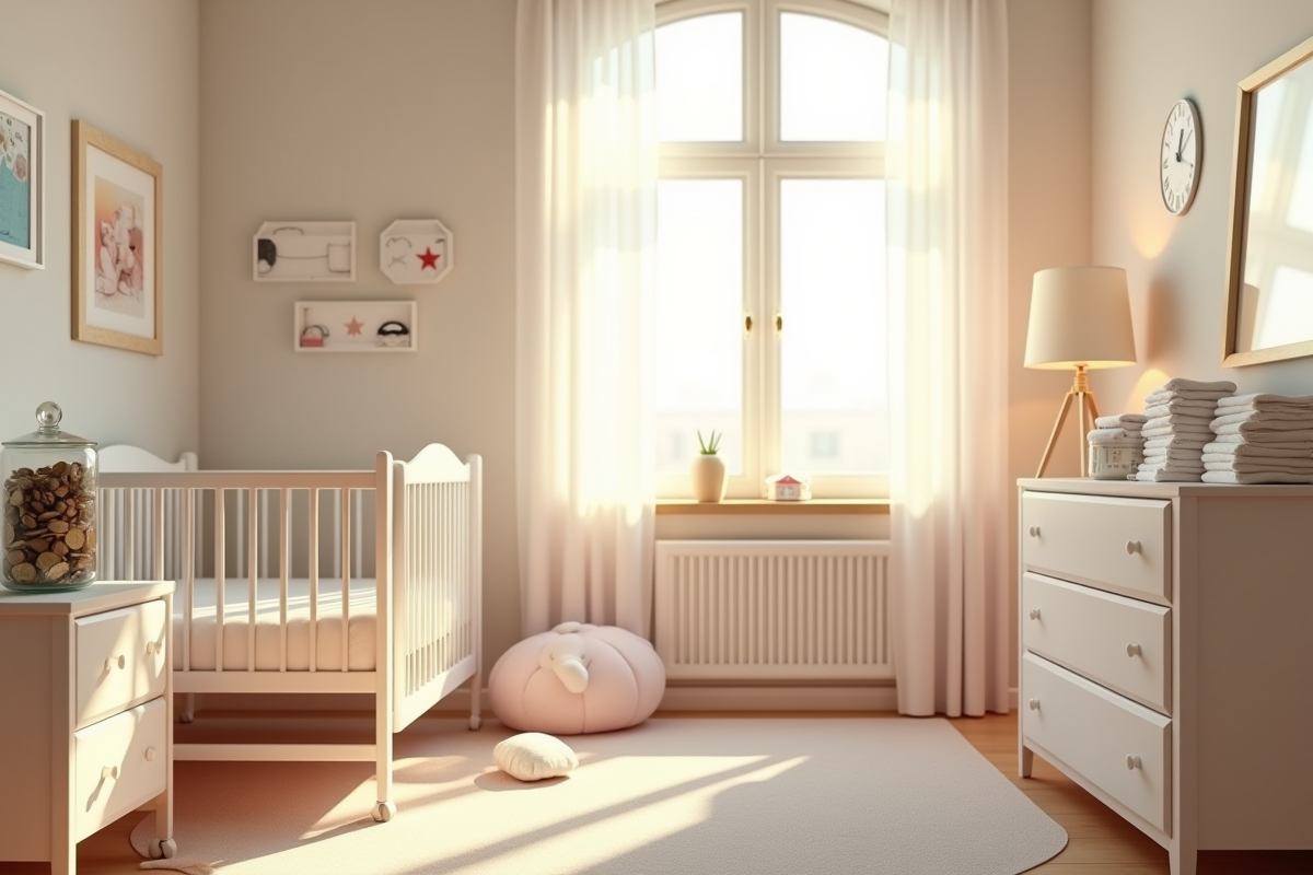Chambre de bébé pastel avec coffre à pièces et couches