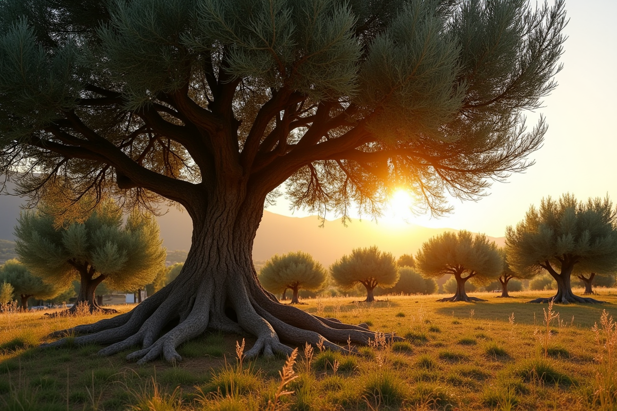 Grove mediterraneen avec olivier silhouette en fin de journee