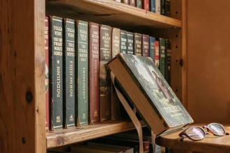 Livres du Hobbit et du Seigneur des Anneaux de Tolkien rangés dans l'ordre sur une étagère en bois rustique