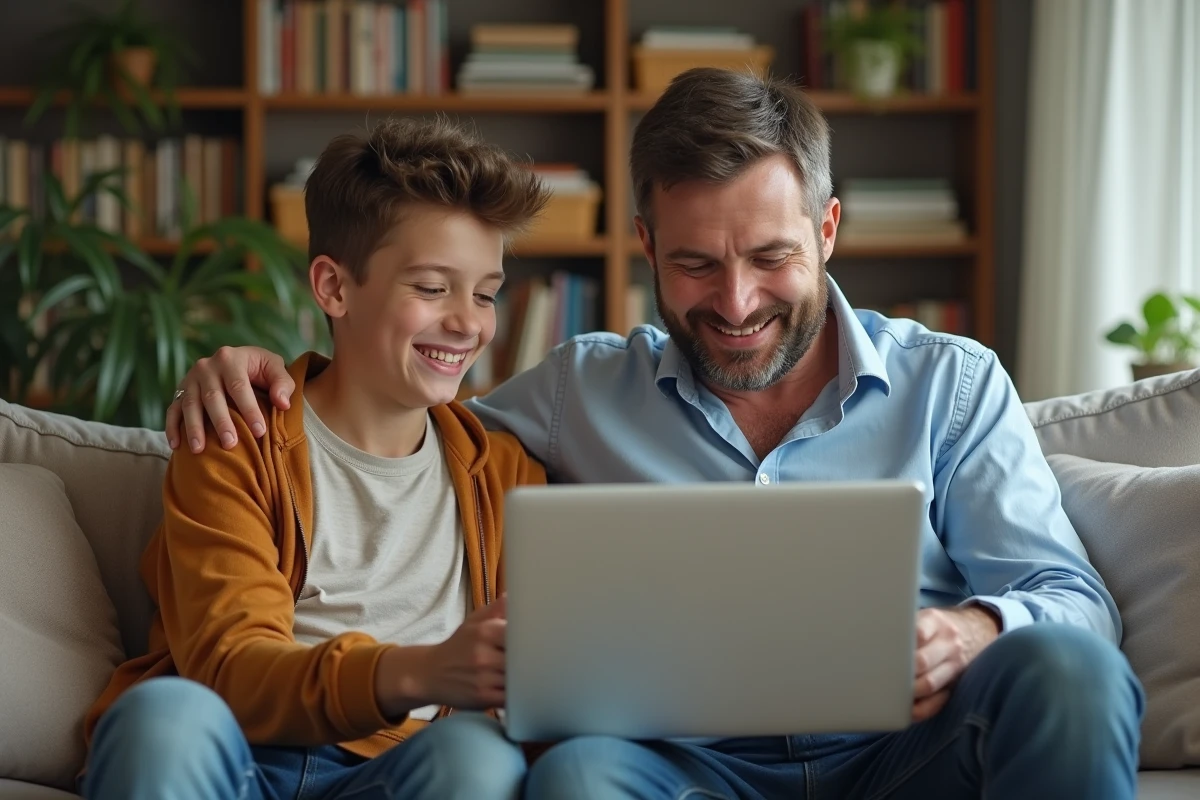 Père et fils jouant ensemble sur un ordinateur portable dans le salon