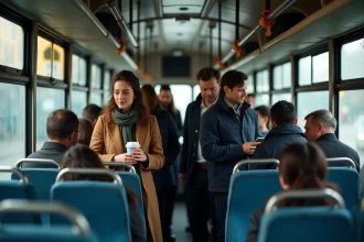 Passagers dans un bus urbain bondé pendant les heures de pointe du matin, trajet domicile-travail ligne 92