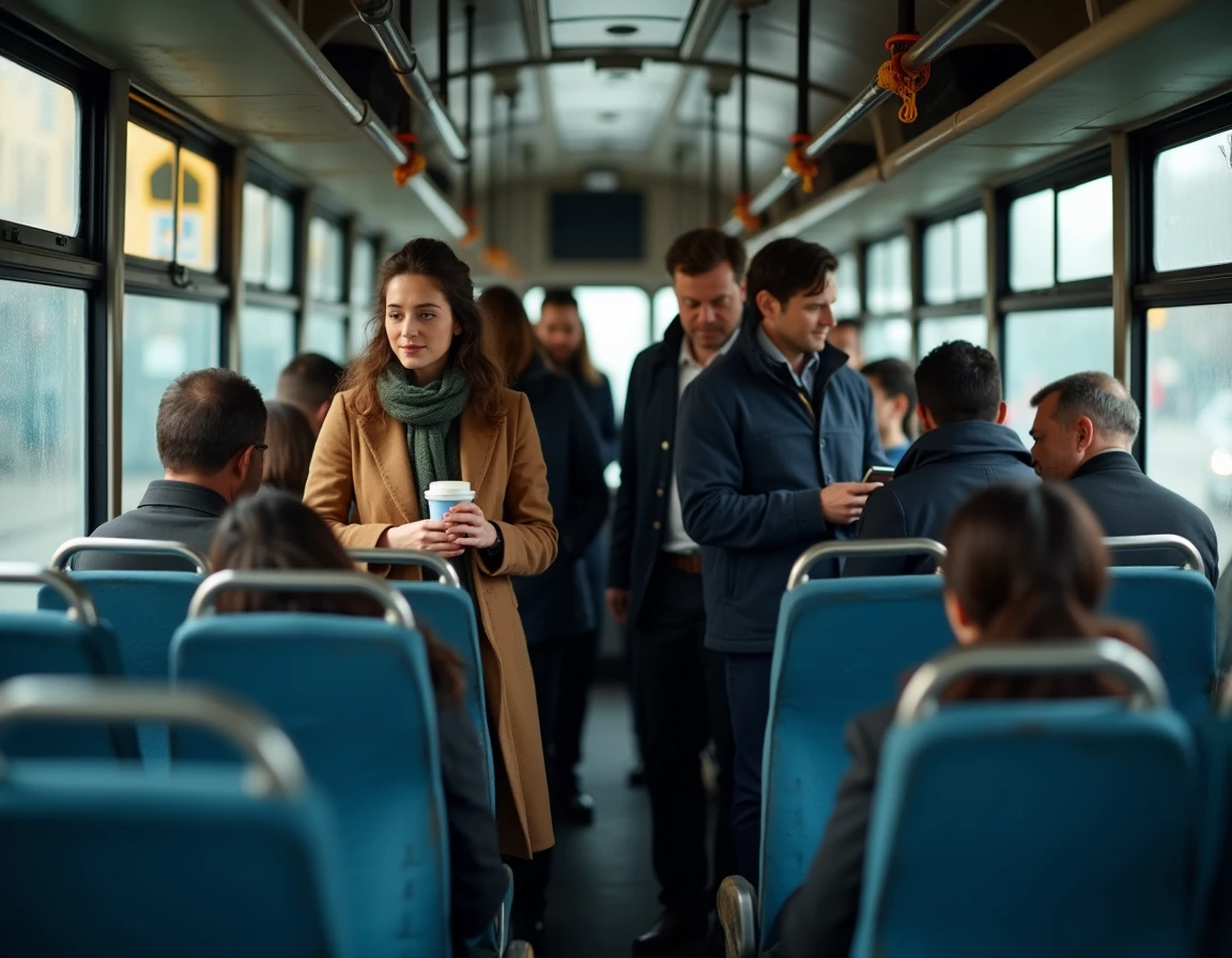 Passagers dans un bus urbain bondé pendant les heures de pointe du matin, trajet domicile-travail ligne 92