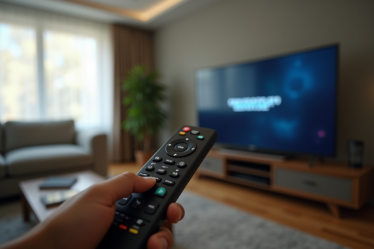 Personne tenant une télécommande dans un salon lumineux