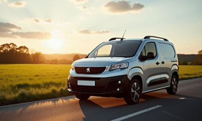 Voiture Peugeot Partner Tepee argentée en campagne au coucher du soleil