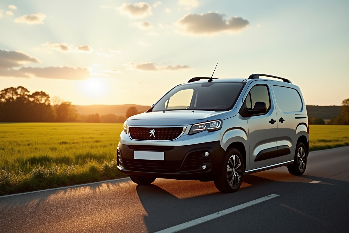 Voiture Peugeot Partner Tepee argentée en campagne au coucher du soleil