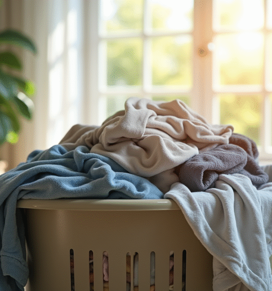 Piles de linge sale débordant dans un panier lumineux