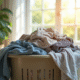 Piles de linge sale débordant dans un panier lumineux