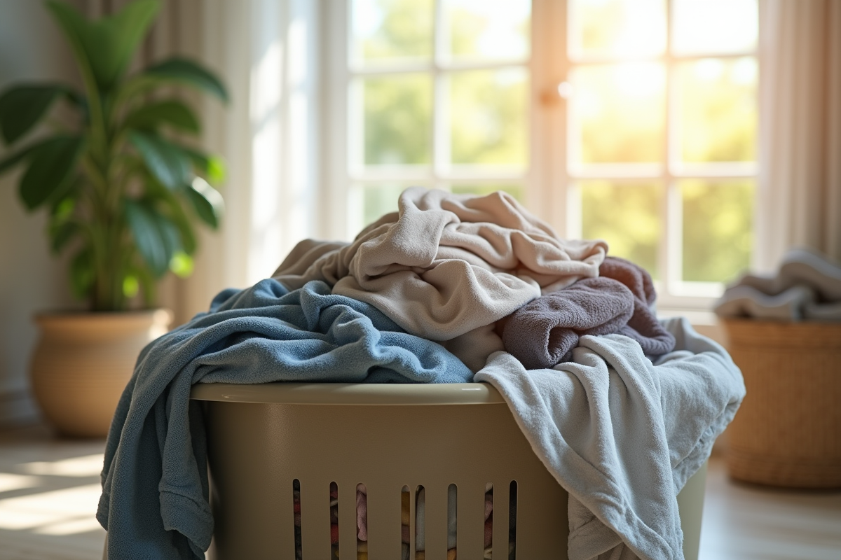 Piles de linge sale débordant dans un panier lumineux