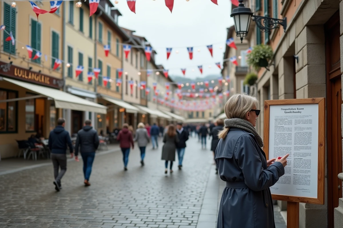 Place de village français décorée de drapeaux tricolores lors d'un jour férié officiel