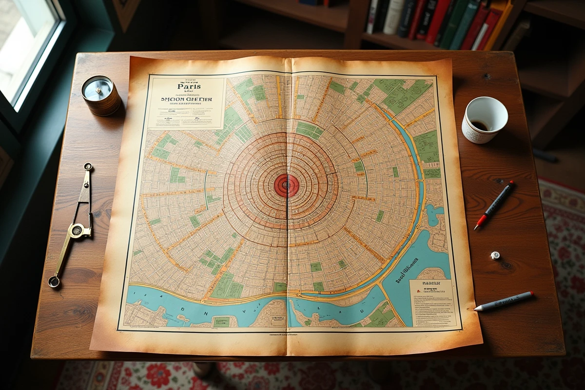 Plan de Paris ancien posé à plat sur un bureau en bois avec boussole et tracé en spirale des arrondissements