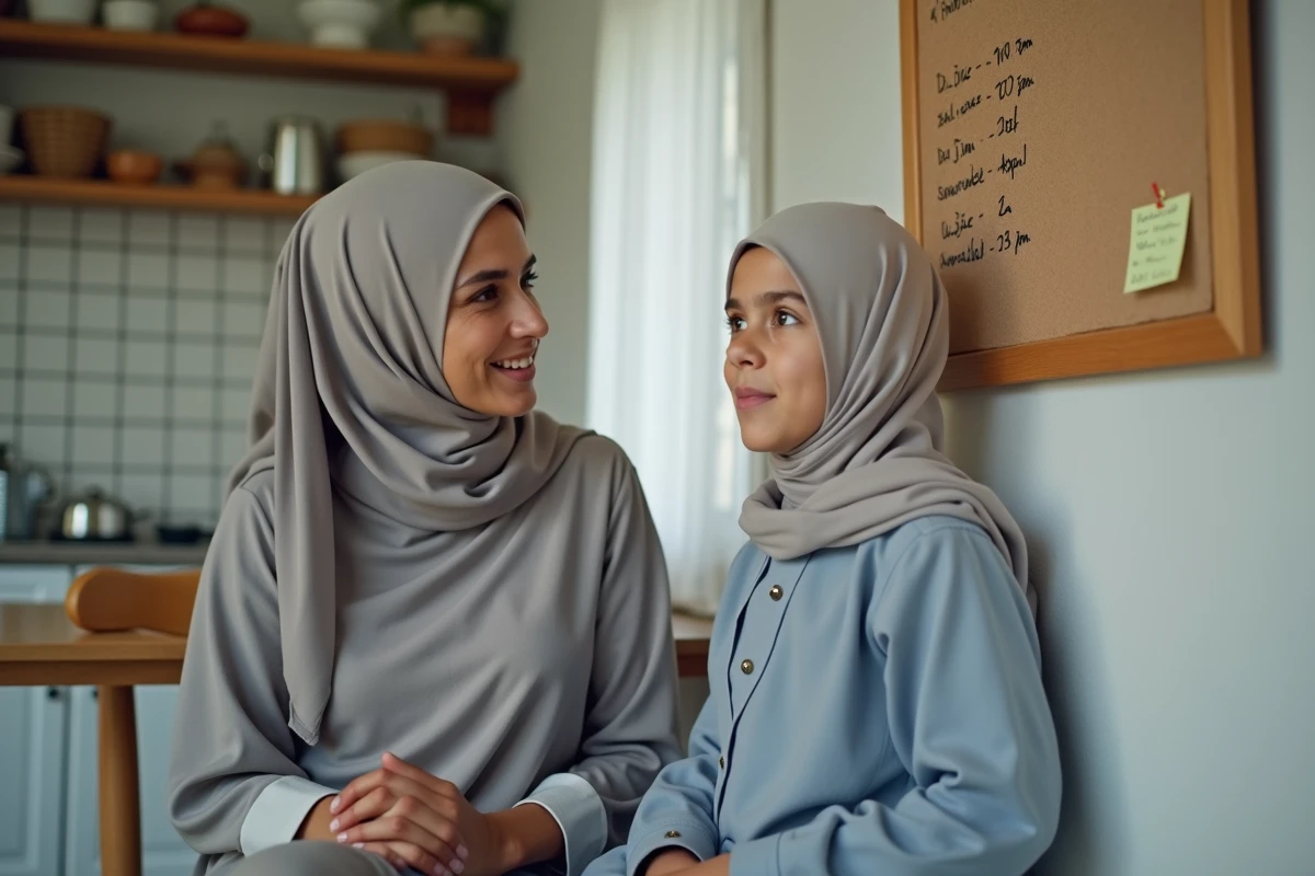 Mère et fille consultant un planning des heures de prière affiché dans une cuisine familiale à Bordeaux