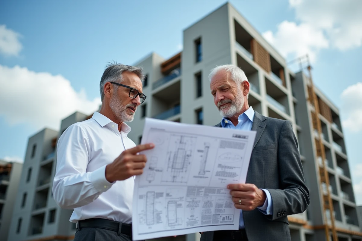 Deux professionnels examinant des plans techniques d'un immeuble en copropriété sur un chantier de construction