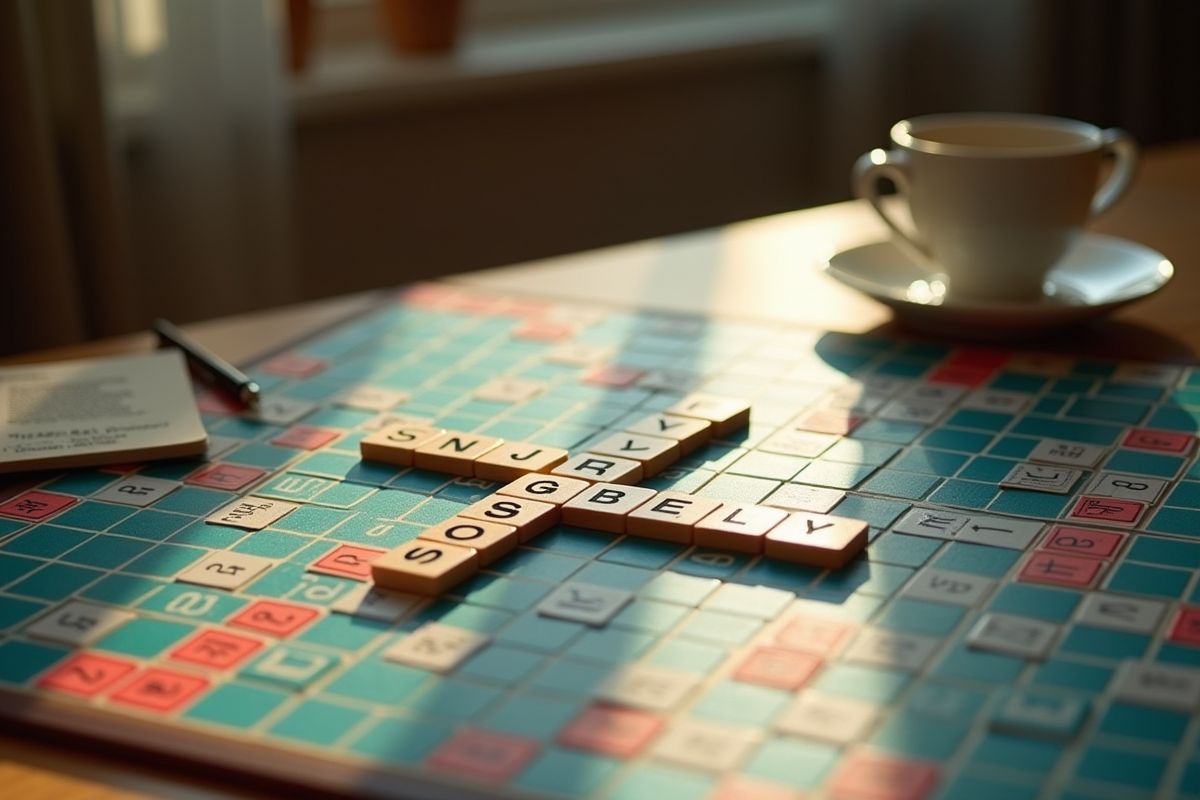 Plateau de Scrabble avec notes et café en ambiance matinale