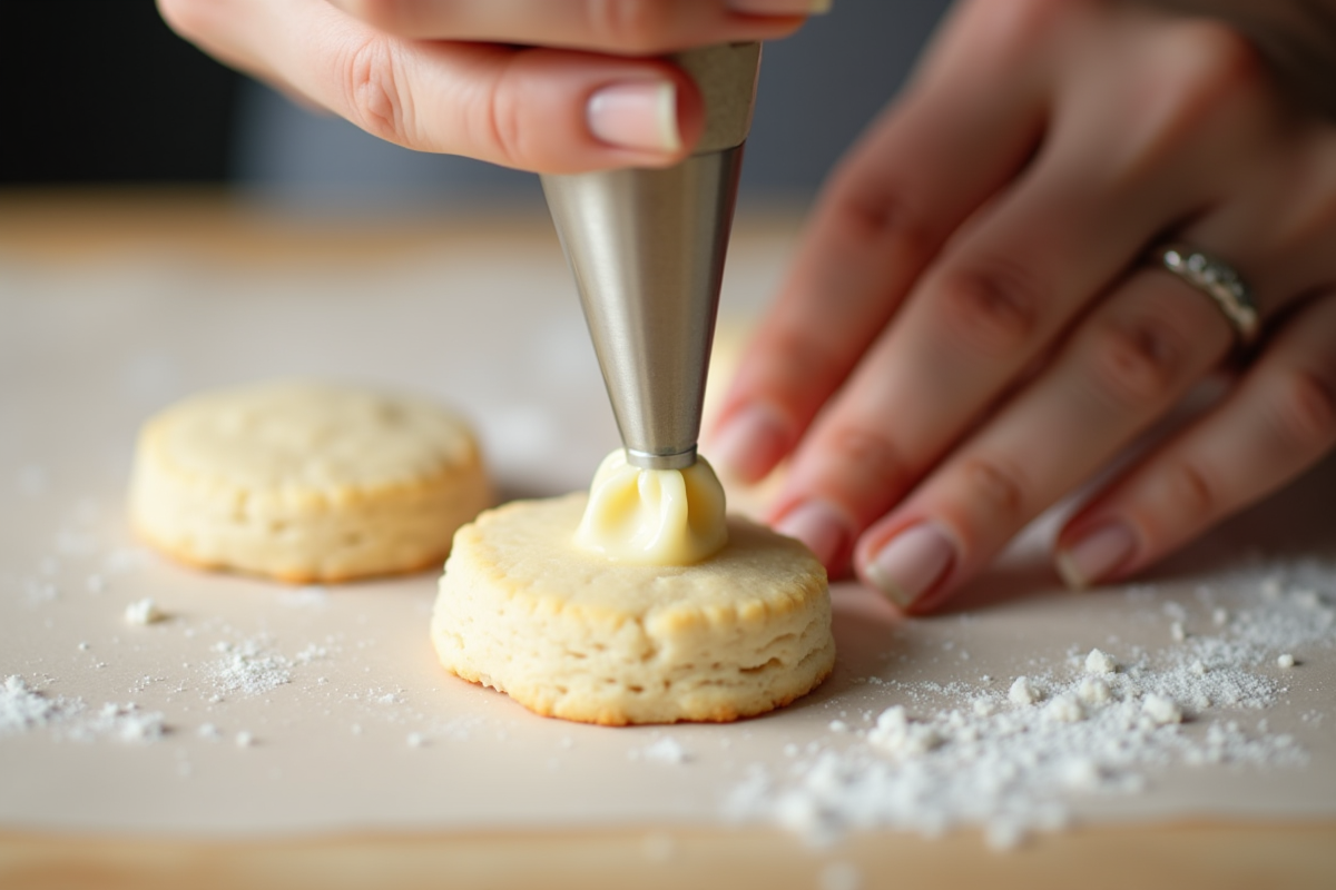 Main pipant la pâte à biscuits avec précision en cuisine lumineuse