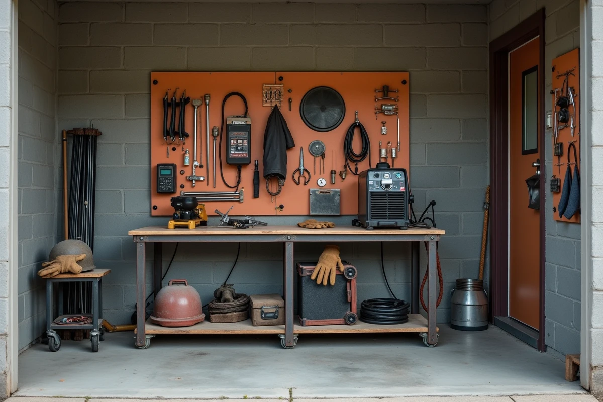 Poste de soudure DIY économique avec table en fer plat et chariot porte-poste dans un garage aménagé