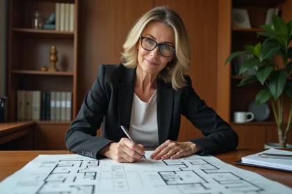 Femme professionnelle annotant des documents techniques de copropriété sur un bureau en bois dans un bureau notarial