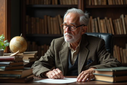 Professeur âgé dans une bibliothèque ancienne et studieuse