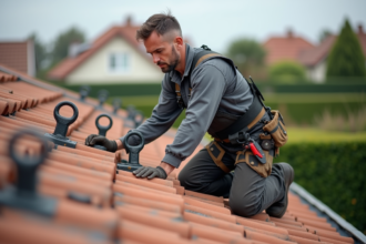 Homme couvreur inspectant des crochets métalliques sur un toit