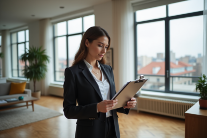 Femme professionnelle examinant des documents immobiliers dans un salon moderne