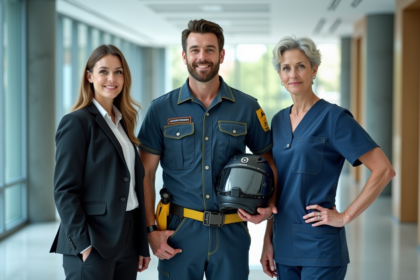 Trois professionnels en portrait dans un hall moderne