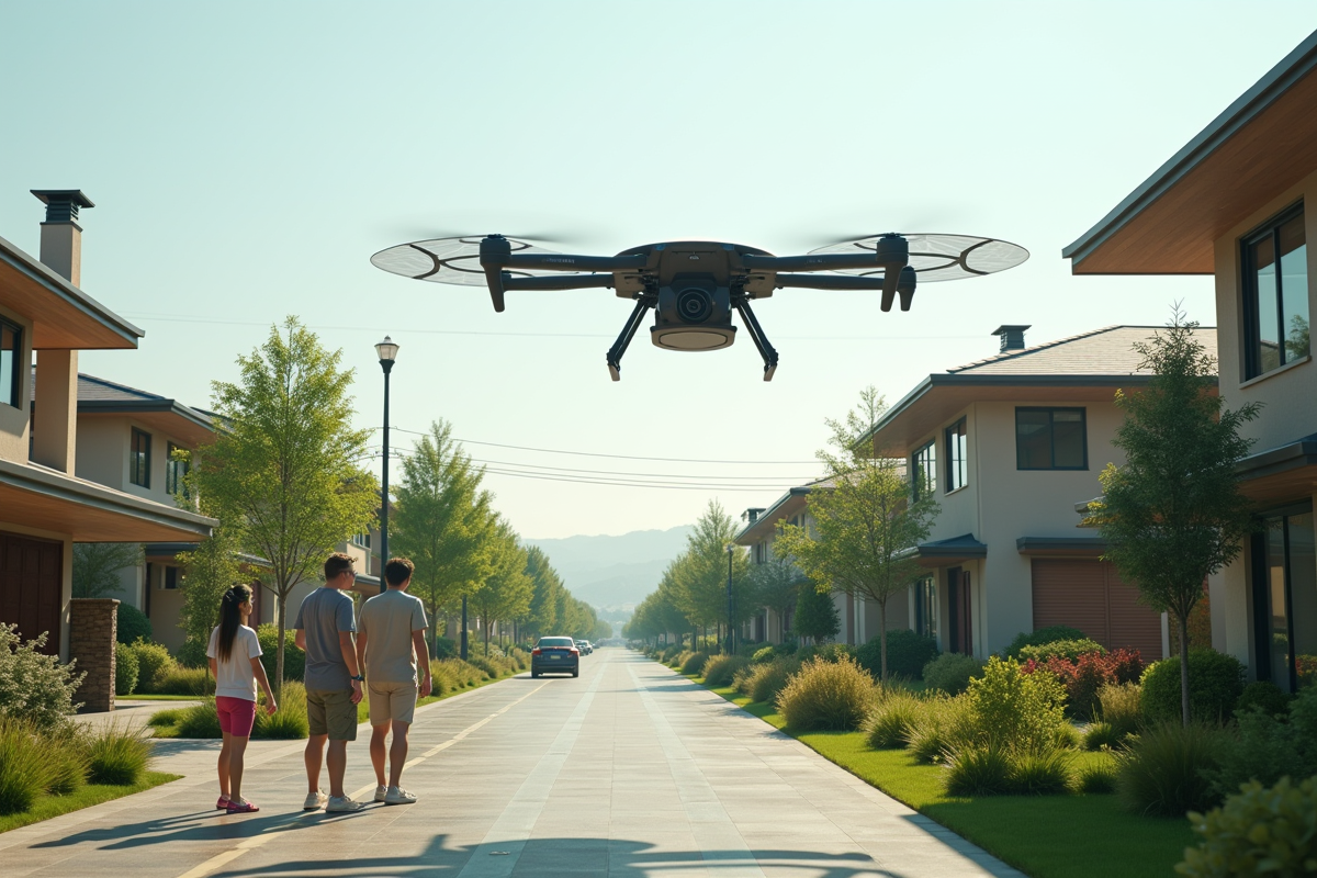 Quartier suburbain en 2050 avec drone taxi solaire et jardins verts