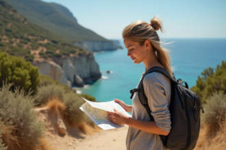 Jeune femme en randonnée sur la côte de Zingaro avec carte