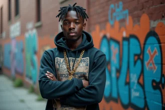 Jeune rappeur confiant devant un mur de graffitis illustrant le concept d'ego trip en rap francophone