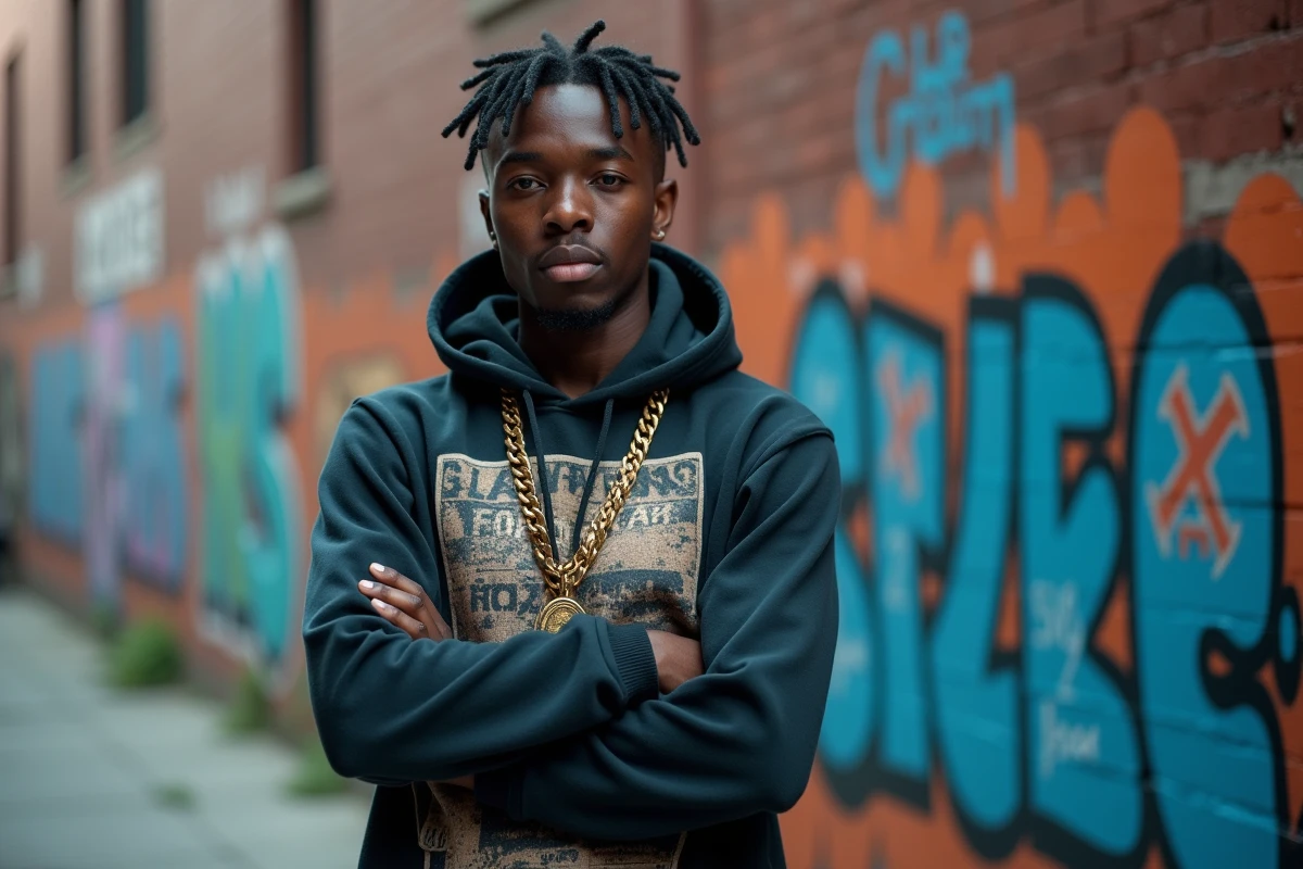Jeune rappeur confiant devant un mur de graffitis illustrant le concept d'ego trip en rap francophone