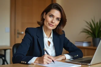 Femme professionnelle rédigeant une lettre administrative de réclamation à son bureau avec un stylo plume