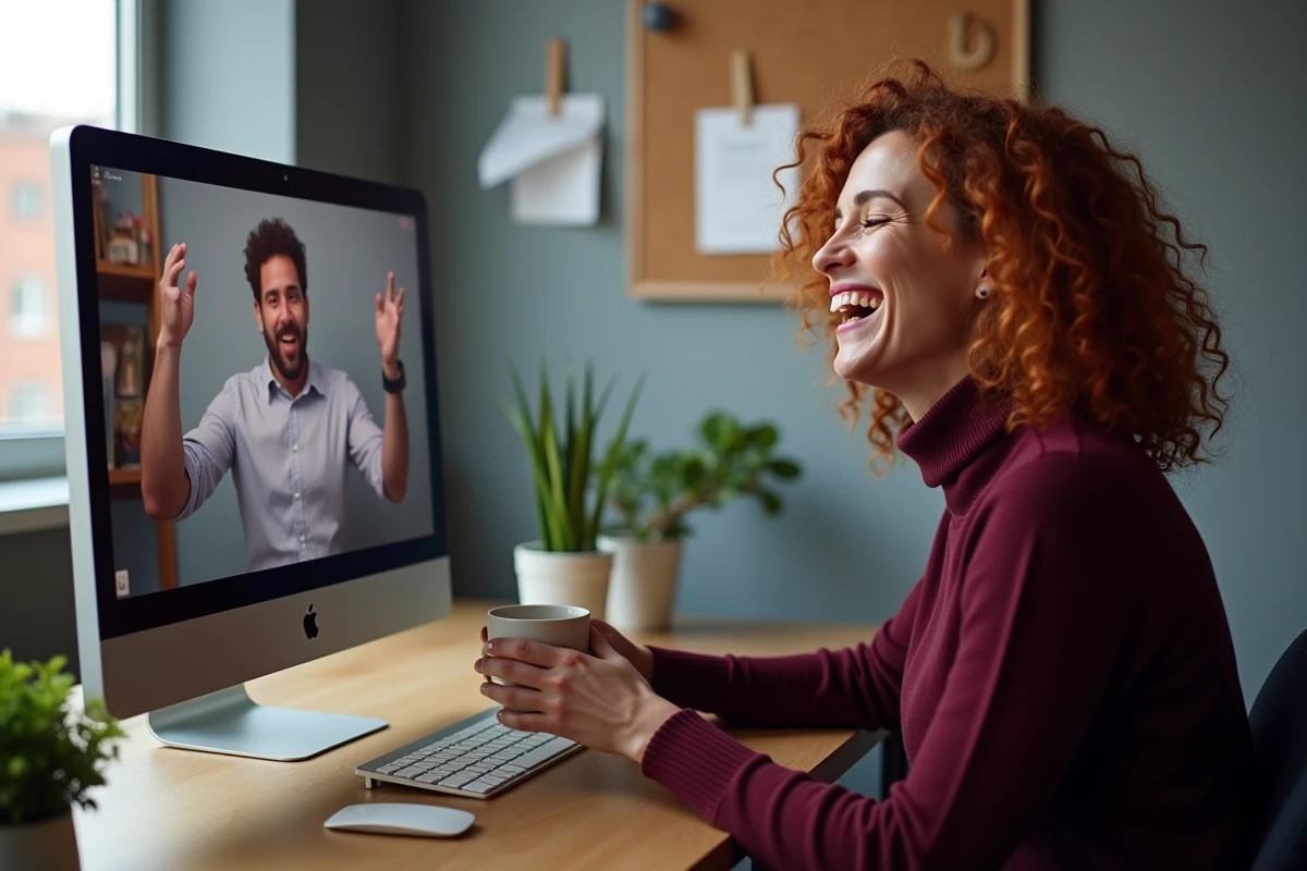 Femme célibataire francophone riant lors d'une conversation en ligne avec un homme via une plateforme de tchat