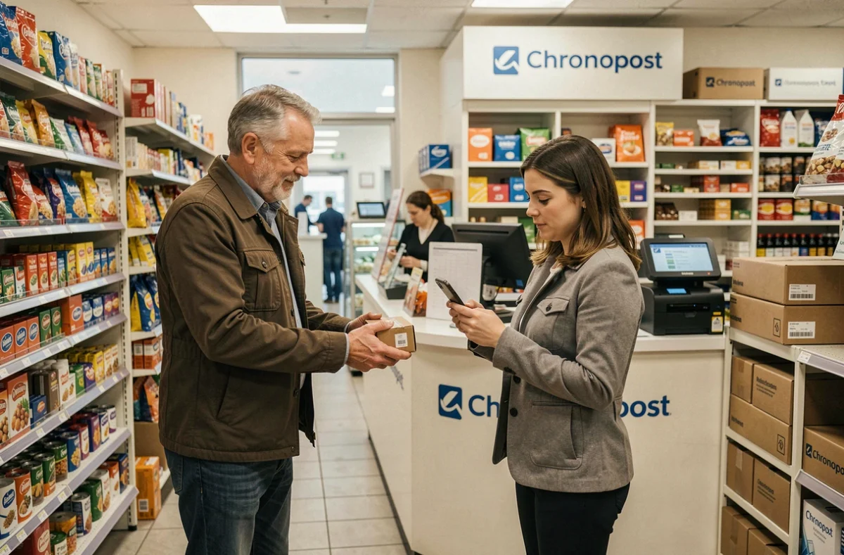 Retrait d'un colis Chronopost en point relais dans une épicerie de quartier avec confirmation mobile