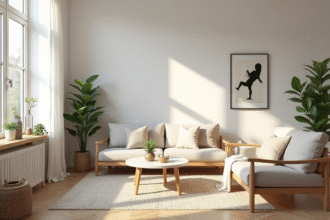 Salon scandinave lumineux avec mobilier en bois et plantes vertes