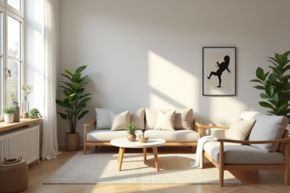 Salon scandinave lumineux avec mobilier en bois et plantes vertes