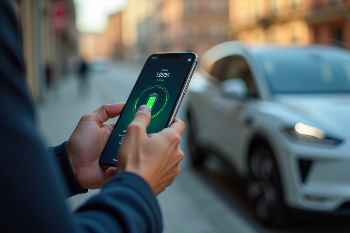 Main tenant un smartphone avec application de batterie électrique
