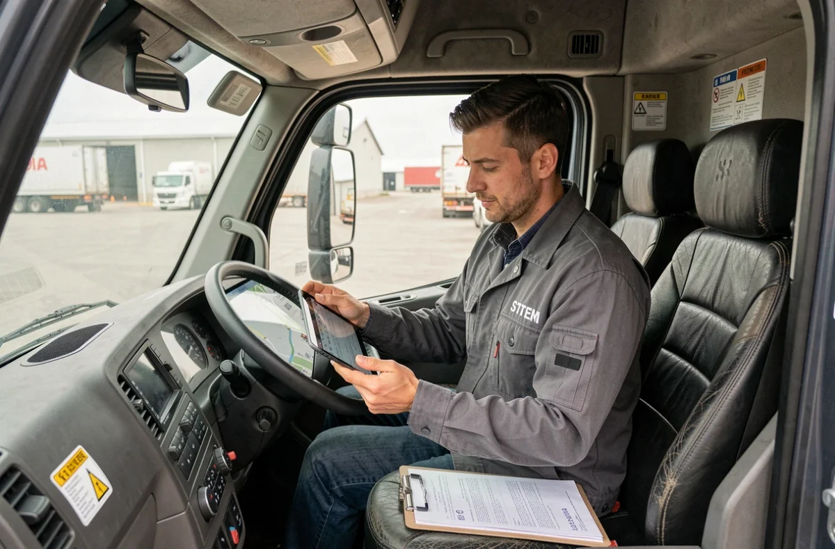 Chauffeur STDEM consultant une tablette numérique dans la cabine d'un grand camion de transport garé dans un dépôt logistique