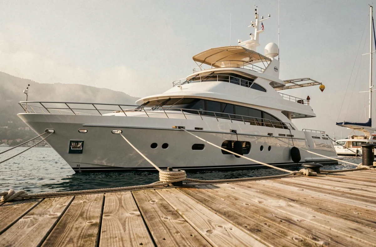 Superyacht de luxe blanc amarré dans un port méditerranéen, symbole de richesse et de réussite ostentatoire