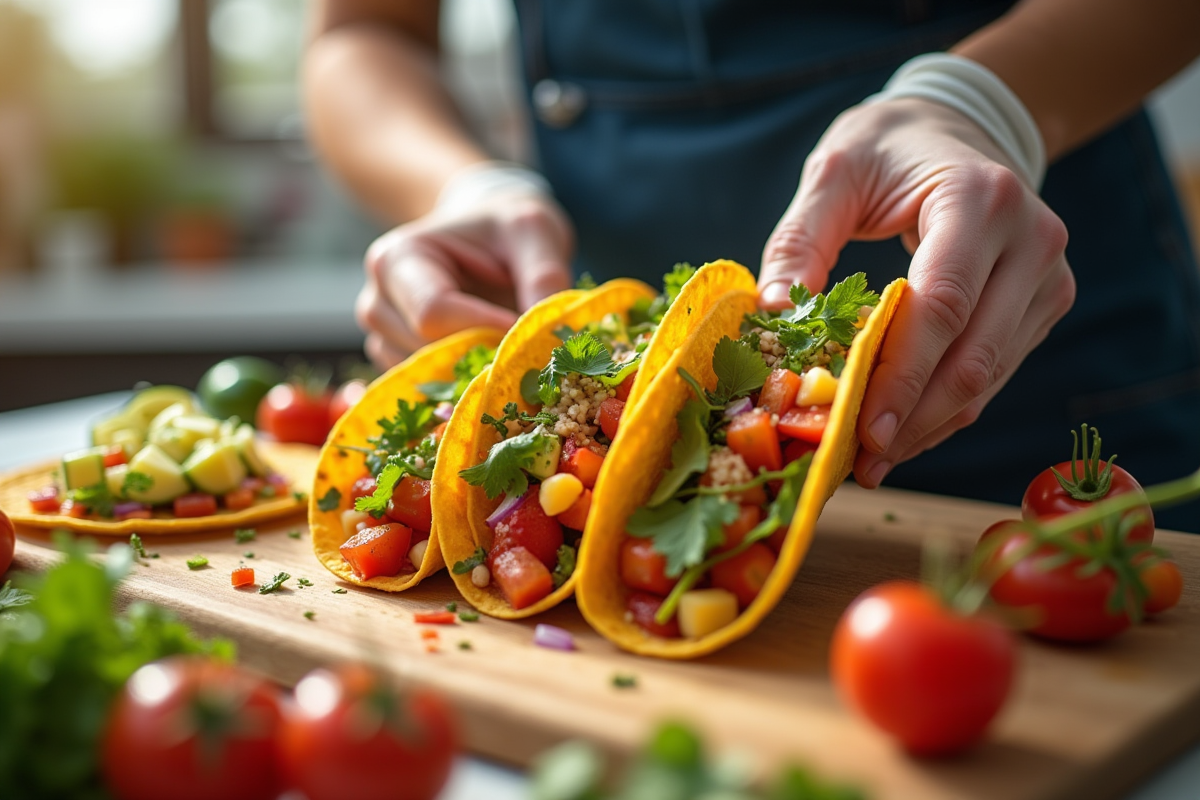 Mains préparant des tacos colorés avec ingrédients frais