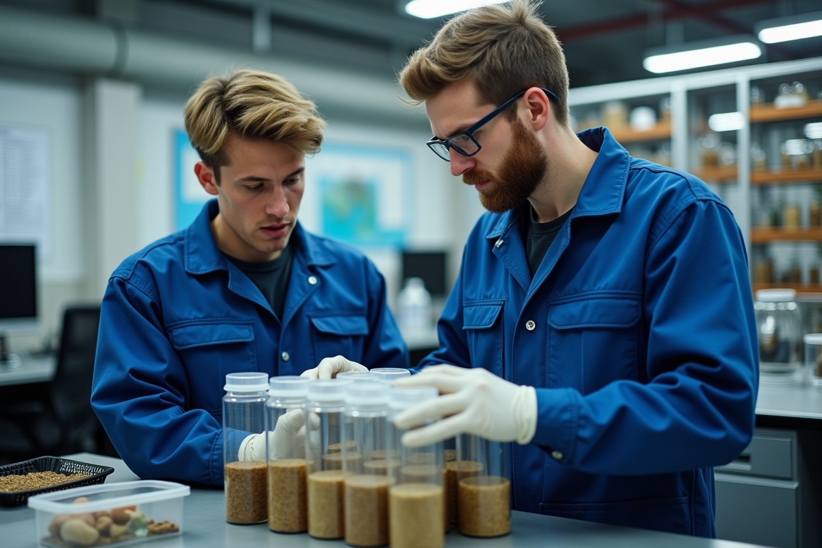 Techniciens en laboratoire marin manipulant des échantillons
