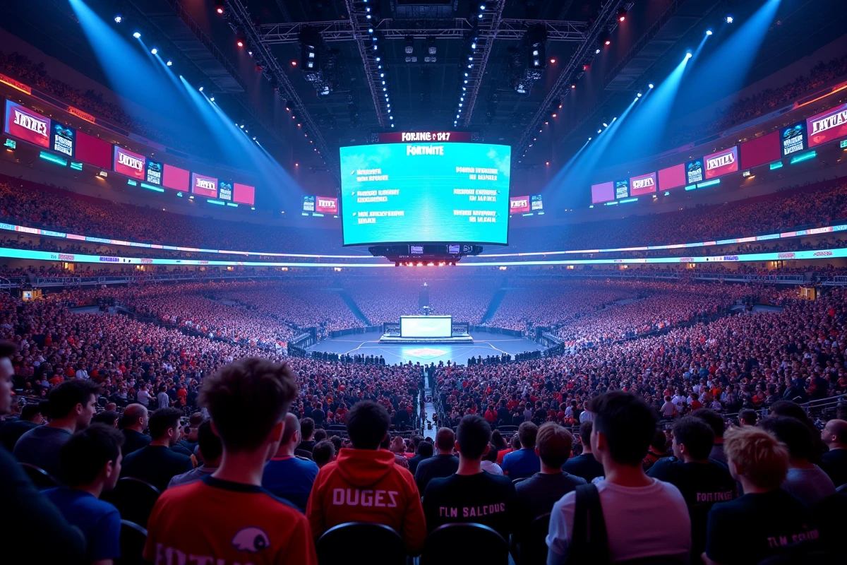 Vue panoramique d'un grand tournoi Fortnite avec des milliers de spectateurs dans une arène esport